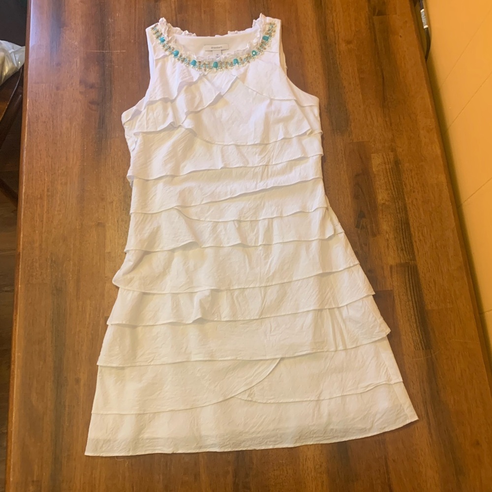 dressbarn Dress 12 White Sheath Mini Dress with Tiered Ruffles Beaded Neckline